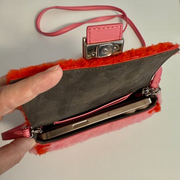 FENDI Baguette NM Bag Zucca Shearling Mini Purse Bubblegum Rosso - Picture 12 of 13